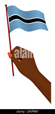Female hand gently holds small flag of Botswana. Holiday design element. Cartoon vector on white background Stock Vector