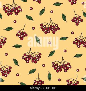 Seamless vector pattern with red berries on light pink background. Simple rowan and leaves wallpaper design. Stock Vector