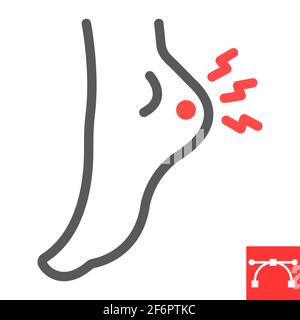Heel pain line icon, painful and illness, foot ache vector icon, vector graphics, editable stroke outline sign, eps 10. Stock Vector