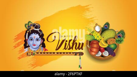 Happy Vishu greetings. April 14 Kerala festival with Vishu Kani, vishu flower Fruits and vegetables in a bronze vessel. vector illustration design Stock Vector