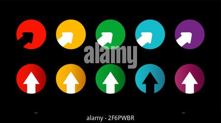 Set of bright different arrows in circle. round colored buttons with white arrows on black background. Stock Vector