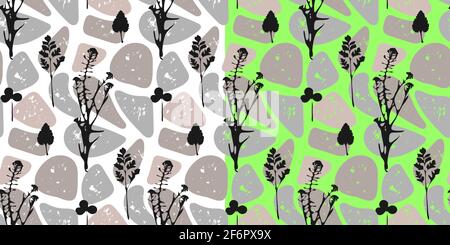 Wild grass on stones seamless pattern, black silhouettes of field herbs, abstract shapes, grunge effect, white or lime green color background Stock Vector