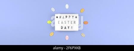 Happy Easter Day congratulatory banner, easter background with flat colored eggs Stock Photo