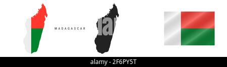 Madagascar. Map with masked flag. Detailed silhouette. Waving flag. illustration isolated on white. Stock Photo