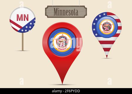 Minnesota US state round flag. Map pin, red map marker, location pointer. Hanging wood sign in vintage style. illustration. American stars and stripes Stock Photo