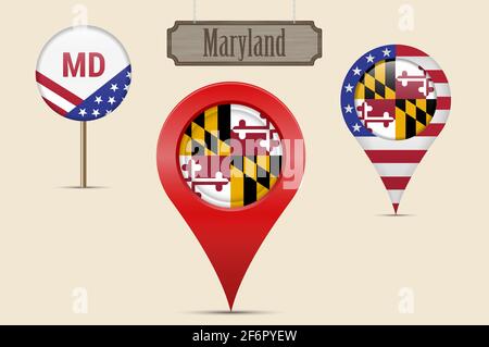 Maryland US state round flag. Map pin, red map marker, location pointer. Hanging wood sign in vintage style. illustration. American stars and stripes Stock Photo