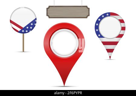 American map markers set. American flag colors. Teardrop map pointers and round map pin. illustration isolated on white. Stock Photo