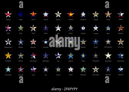 USA American states all flags in alphabetical order. All 50 US states flags set. Star-shaped flag buttons with all the states names. Stock Photo