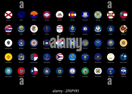 USA American states all flags in alphabetical order. All 50 US states flags set. Round circle flag buttons with all the states names. Stock Photo