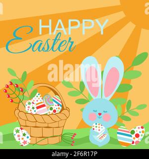 Easter card with a basket full of eggs and an Easter bunny on the background of the sun's rays. Vector banner template for Easter. Stock Vector