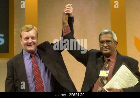 Liberal Democrat conference Bournemouth Sept 2000 Lib Dem leader Charles Kennedy (centre) with the party's new President  Lord Dholakia, at the conference in Bournemouth today. Stock Photo