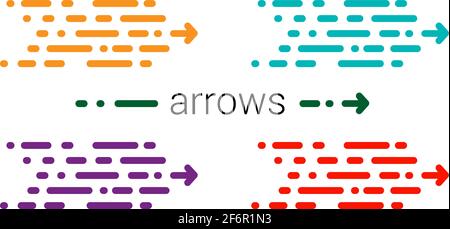 Set Fashionable new arrow in a modern style. Red, yellow and blue dinamic line on white background. The movement of the lines to the right. Speed arro Stock Vector