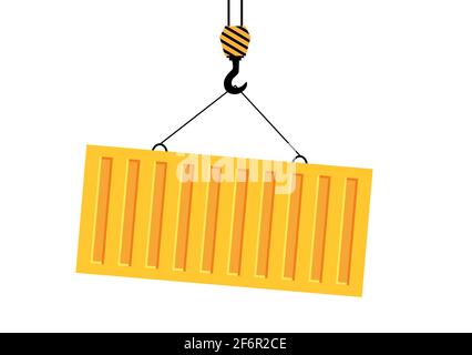 Bright yellow cargo in container lifts on winch. Unloading or loading cargo. Vector illustration isolated on white background in cartoon style. Stock Vector