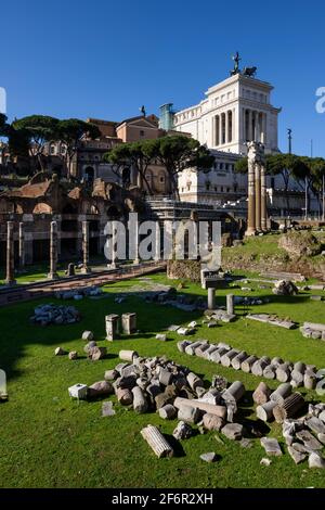 Rome. Italy. Forum of Caesar (Foro di Cesare), remains of the Temple of Venus Genetrix, the columns to the left are of the portico of the Basilica Arg Stock Photo