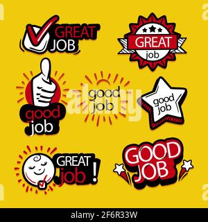 Set of good job and great job stickers Vector illustration. Stock Vector