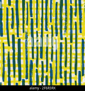 Vector painterly stripe plaid seamless pattern background. Organic brush stroke blend backdrop with vertical blue and horizontal yellow irregular Stock Vector