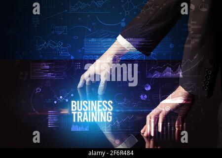 Businessman touching huge screen concept Stock Photo