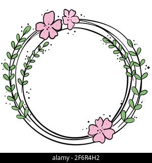 Round frame with monolinear flowers and leaves. Hand-drawn frame with flowers. Wreath, template for design cards. Vector. Stock Vector