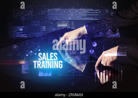 Businessman touching huge screen concept Stock Photo