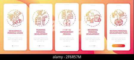 Personal development steps red onboarding mobile app page screen with concepts Stock Vector