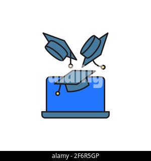 Graduation cap on screen laptop icon isolated background. Online learning or e-learning concept. Vector Illustration Stock Vector