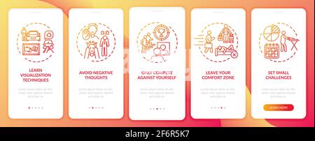 Self-improvement tools red onboarding mobile app page screen with concepts Stock Vector