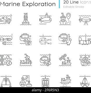 Marine exploration linear icons set Stock Vector