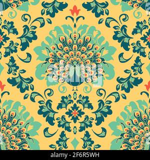 Seamless vector pattern damask peacock on yellow background. Baroque bird wallpaper design. Victorian style fashion textile. Stock Vector