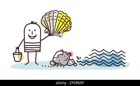 Hand drawn Cartoon Man on the beach, Picking Shells Stock Vector