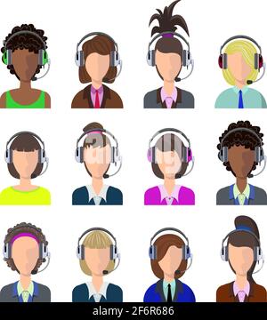 Vector female call center avatars in a flat style with a headset, conceptual of business communication. Avatars with a headphones and microphones set Stock Vector