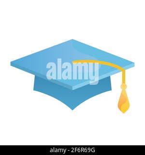 Isolated icon of blue academic square cap with golden yellow tassel. Symbol of graduation from high school or university Stock Vector