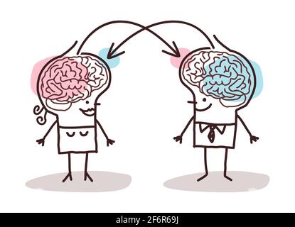 Hand drawn Big Brain Couple exchanging Ideas Stock Vector
