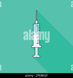 Modern icon syringe, background green and flat style, urgency, long shadow Stock Vector