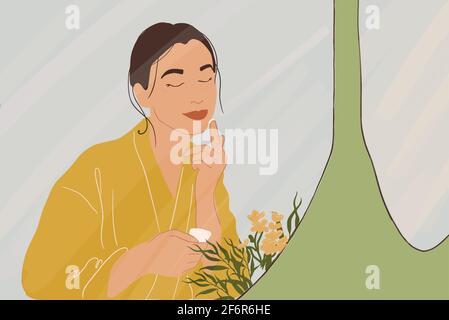 Pretty woman apply cream or serum on face in yellow bathrobe while holding a tube and looking at mirror in bathroom . Clean and beauty skincare. Anti-age. Vector Illustration. Stock Vector