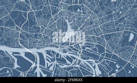 Blue vector background map, Hamburg city area streets and water cartography illustration. Widescreen proportion, digital flat design streetmap. Stock Vector