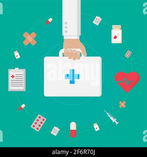 Set of flat icons Health care concept. Hand Doctor with medical bag and medical icons. Flat vector illustration. Stock Vector