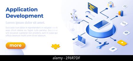 APPLICATION DEVELOPMENT - Isometric Design in Trendy Colors Isometrical Icons on Blue Background. Banner Layout Template for Website Development Stock Vector