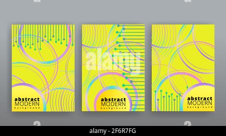 Yellow creative futuristic abstract vector background, dynamic modern yellow page temples set, summer vibes geometric lines and dots design, shiny ele Stock Vector