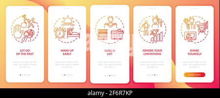Self-development tips red onboarding mobile app page screen with concepts Stock Vector