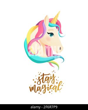 Cute unicorn face in flat style with hand lettering text stay magical. Cartoon vector illustration. Stock Vector