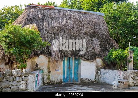 Traditional thatched house / hut with palapa roof of indigenous Maya Indians on the countryside near Mérida, Yucatán, Mexico Stock Photo