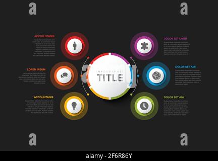 Vector multipurpose Infographic template with title and six elements options around big circle. Multipurpose Infochart with modern colors. Infographic Stock Vector