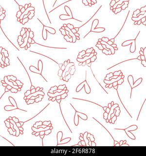 Seamless vector pattern with outlined flowers and harts on white background. Romantic floral wallpaper. Stock Vector