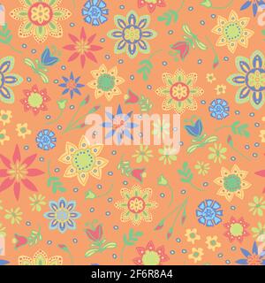 Seamless vector pattern with pastel flowers on light pink background. Beautiful hippy wallpaper design. Summer floral hippy fashion. Stock Vector
