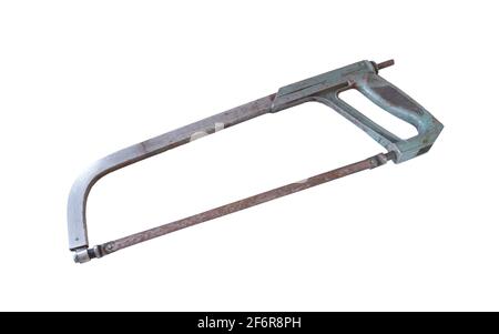Old metal hacksaw isolated on a white background. Metal locksmith tools Stock Photo