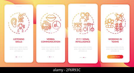 Interpersonal skill self assessment categories red onboarding mobile app page screen with concepts Stock Vector