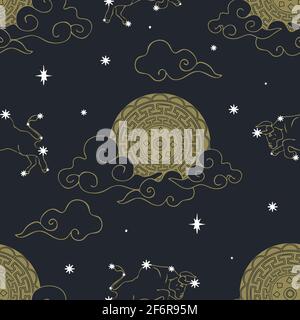Seamless vector pattern with golden moon and stars on dark blue background. Zodiac symbol wallpaper design. Astrological fashion textile. Stock Vector