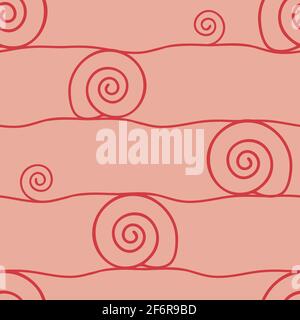 Seamless vector pattern spiral line on pink background. Simple shell wallpaper design. Line art fashion fabric. Stock Vector