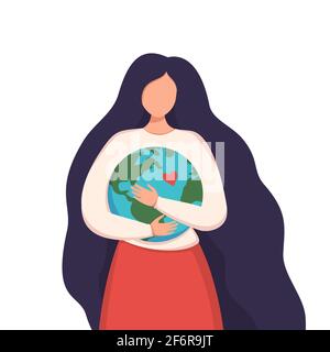 A woman with long dark hair hugs the Earth. Take care of our planet. Day or hour of the Earth. Love and care for the environment Stock Vector