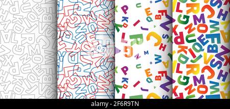 Four alphabet letters minimalistic abstract background seamless pattern tiles made from rainbow letters of alphabet. Filled and border alphabet letter Stock Vector